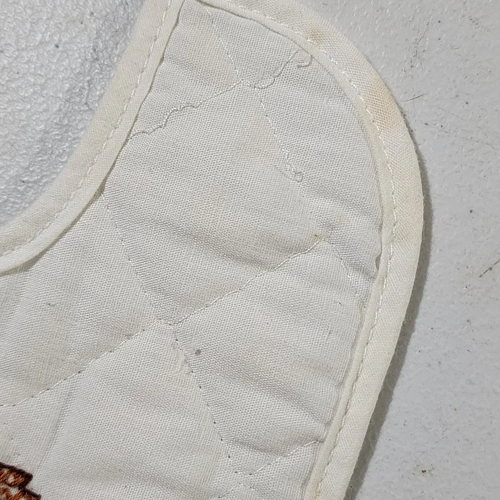 Vintage Handmade Quilted Baby Bib Cross Stitch Bunny Rabbit Rattle White Tie On